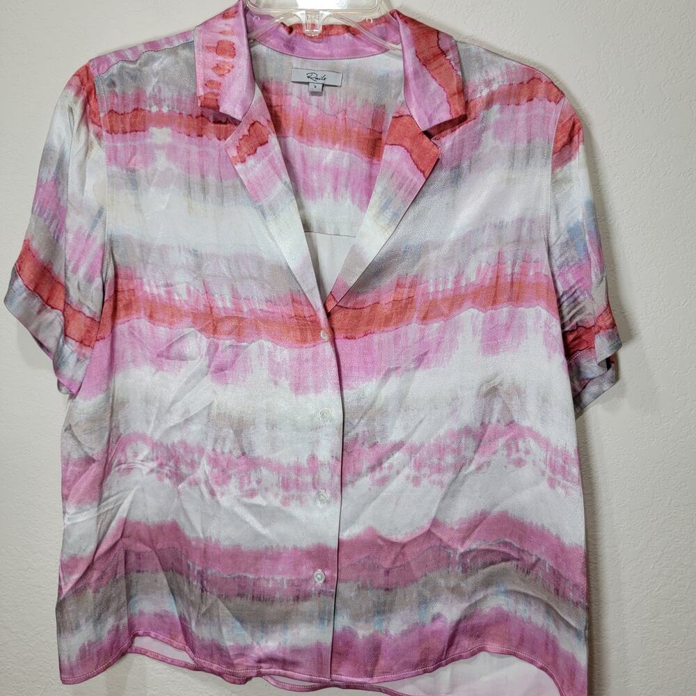 Rails Maui Coral Waves Top Pink S Satin Watercolor Tie Dye Short Sleeve Button